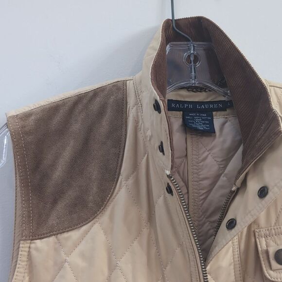Ralph Lauren Tan Quilted Vest Corduroy Suede Patch Snap Button Sz L - Picture 3 of 6